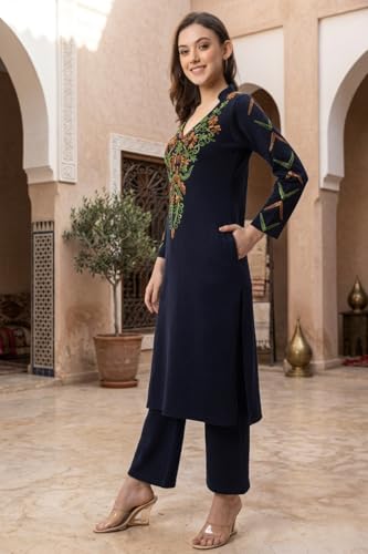 Image of Rosary Women's Woolen Winter Embroidered Kurta with Palazzo | Warm Ethnic Suit Set - 2 Piece Outfit