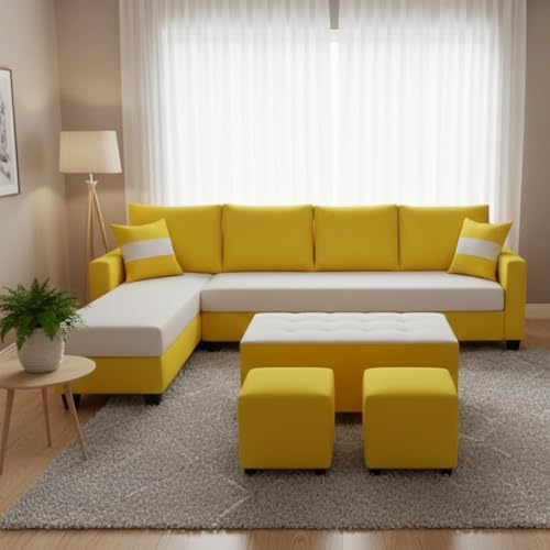 Image of CASASTYLE Adonway 8 Seater Fabric LHS L Shape Sofa Set (Light Grey-Yellow) Premium Velvet Finish | Ideal for Living Rooms