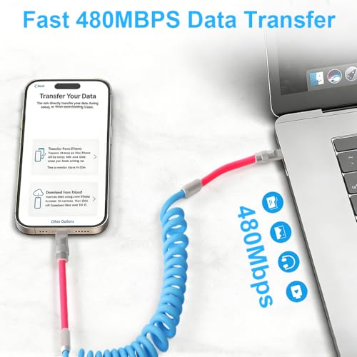 Image of Verilux PD 66W Type C Cable Fast Charging with Spring, 5.9Ft C Type Charger Cable with 480Mbps Data Transmission, No Tangle Retractable Type C Cable for iPhone 17 /17 Plus /17 Pro /16 /15, Galaxy S25 /S24