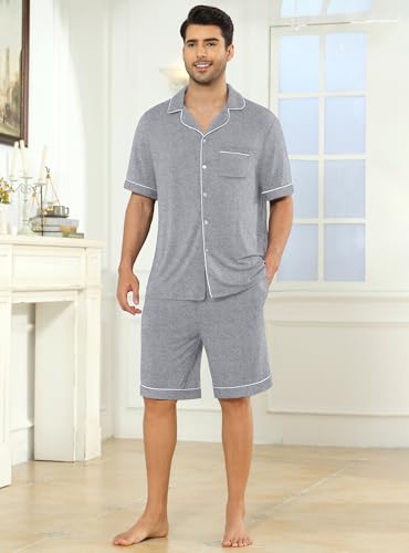 Image of Veseacky Men's Button Down Pajama Set Short Sleeve Shorts Modal Soft Sleepwear Loungewear Pjs with Pockets S-XXL