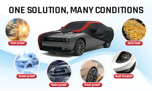 Image of Challenger Car Cover Waterproof All Weather with Red Strip Design, Custom Fit for Dodge Challenger 2008-2026 SXT GT R /T Scat Pack SRT Hellcat, Challenger Accessory with Door Zipper & Windproof Straps