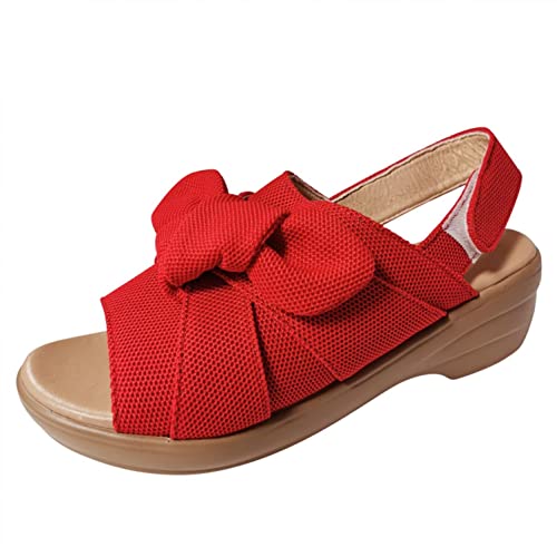 Haoricu Women Open Toe Ankle Strappy Buckle Slingback Platform Wedge Sneakers Summer Bohemia Beach Bow Tie Sandals Red #TOP1