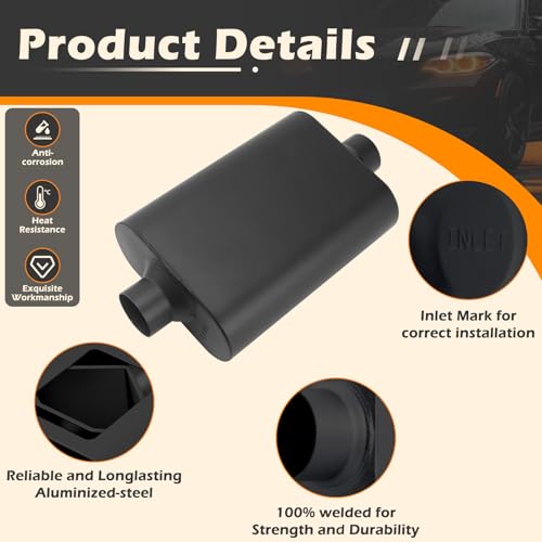 Image of A-KARCK Universal Exhaust Muffler 2.5 inch Center Inlet 2.5 inch Center Outlet, 17.3 inch Overall Length Aluminized Steel Aggressive Sound Race Muffler for Cars, Trucks (Black)