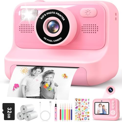 Hangrui Appareil Photo Instantané Enfant Rose - Écran 2.4" Avec Carte 32GB Et Papier D'Impression, Cadeau Idéal 3-9 Ans