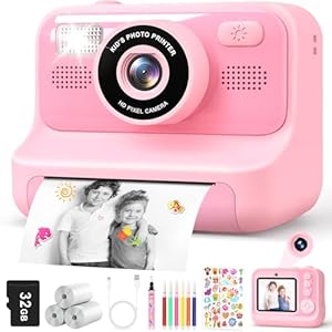 Appareil Photo Instantané Enfants, 2.4" Écran Selfie Appareil Photo instantané Enfant avec Carte de 32GB & 3 Rouleaux de Papier d'impression, Jouet Cadeau Noël Fille Garcon 3 à 12 Ans