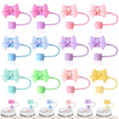 XLSXEXCL 12 Pcs Bow Straw Topper, Cute Silicone Bows for Stanley Cup Straws, 30&40 Oz Tumbler, 10mm