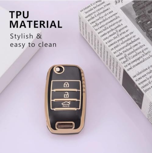 Image of TPU Car Key Cover Black & Golden Compatible for KIA Seltos,Sonet,Carens (KIA, 3 Button Flip Key)