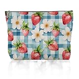 Forest Charger Blue Plaid Strawberry Flower Makeup Bag for Women, Fruit Floral Cosmetic Pouch, Kawaii Toiletry Bag, Fashion Makeup Organizer, Ideal Gifts for Her