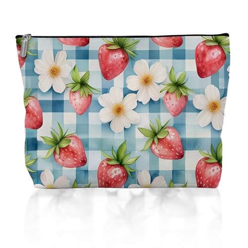 Forest Charger Blue Plaid Strawberry Flower Makeup Bag for Women, Fruit Floral Cosmetic Pouch, Kawaii Toiletry Bag, Fashion Makeup Organizer, Ideal Gifts for Her