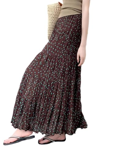 Women High Elastic Waist Boho Floral Pleated Skirt Summer Thin Breathable Midi Skirts2