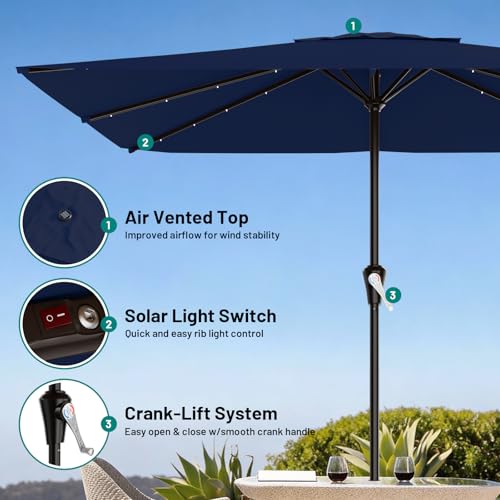 Image of AreShark 8' X 10' Rectangular Patio Umbrella with Solar Lights, Lighted Solar Umbrella with Crank, Outdoor Table Umbrella for Garden, Deck, Backyard, Pool and Beach, Navy