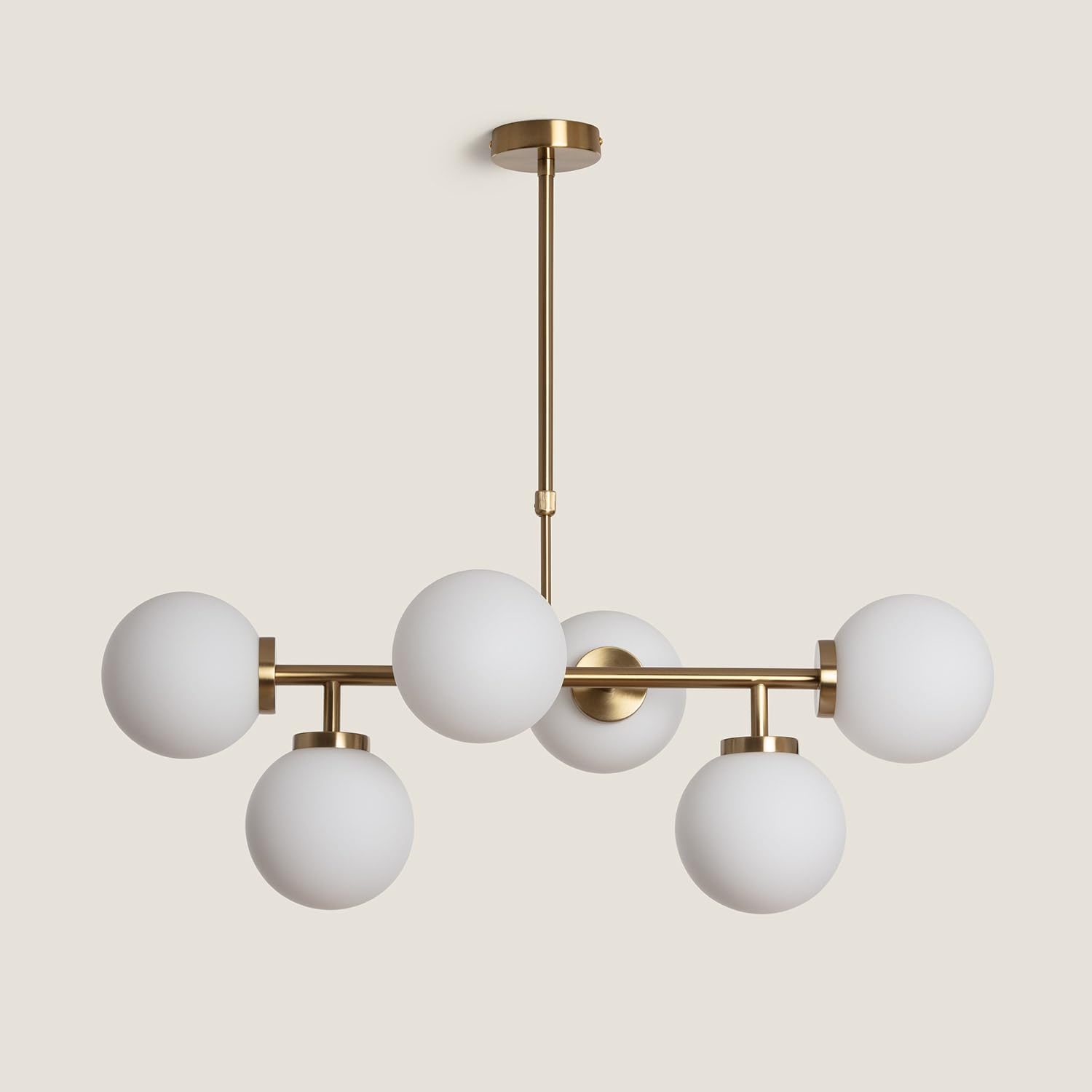 LEDKIA LIGHTING - Lampada a Sospensione Metallo e Vetro Lautrec | Design Moderno ed Elegante | Regolabile in Altezza | 6 Paralumi Sferici | Lampadina E27, Oro