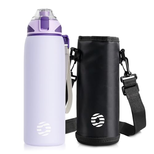 FJbottle 水筒 0.8L 真空断熱 ワンタッチ スポーツボトル 0.8リットル 保温 保冷 スポーツ飲料対応 広口 洗いやすい ステンレスボトル 水筒カバー 洗浄用スポンジ付き 女の子 男の子 おしゃれ 大人 子供 パープル