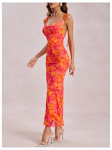 Image of GORGLITTER Women's Floral Birthday Wedding Guest Dress Mesh Ruched Derby Party Bridal Shower Summer Beach Sun Dresses Orange Small