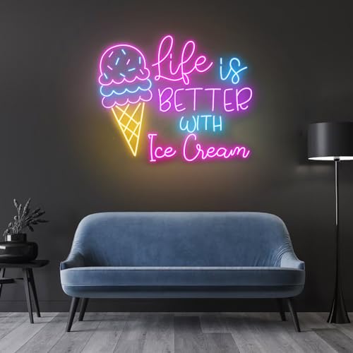AMANYMXOK Life Is Better With Ice Cream Neon Sign LED Ice Cream Open Neon Light Signs Wall Decor for Bar Shop, Home, Bedroom,Party Gift Size: 23 inches
