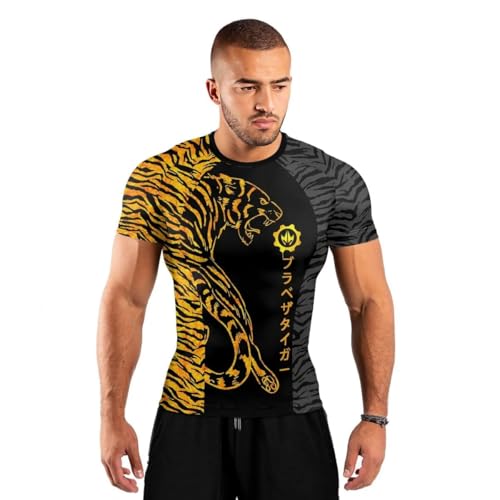 Tiger Men's Rash Guard Shirts Short Sleeve, Baselayer Compression Shirt for Jiu Jitsu MMA2