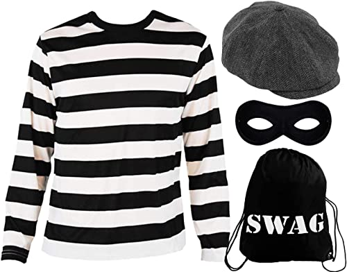 Adults Burglar Costume, Medium, Black & White Striped T-Shirt + Flat Cap + Eyemask + "Swag" Bag