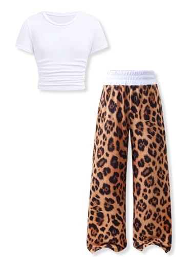Klyatpxoen Size 9 10 Tween Girls Clothes 2 Piece Outfit Short Sleeve Fitted T-Shirt Top Leopard Palazzo Pants Fall Spring Casual Clothing Set Yellow (9-10Y)