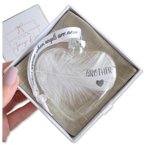 Brother In Memory of Real White Feather Bauble. Gift Boxed Glass Heart Christmas Tree Hanging Decoration Memorial Loss Sympathy