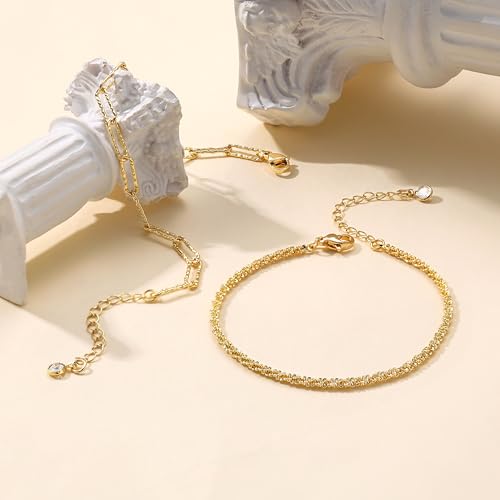 Image of Freekiss Sterling Silver Ankle Bracelets for Women: Dainty Layered Waterproof Anklet for Women Adjustable Womens Anklet Set Stackable Figaro Beaded Cuban Link Anklets Beach Jewelry for Women