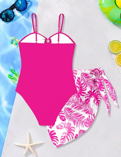 Image of MIGU Girls One Piece Swimsuits Adjustable Straps Cutout Bathing Suit with Tropical Print Cover Up for Swimwear