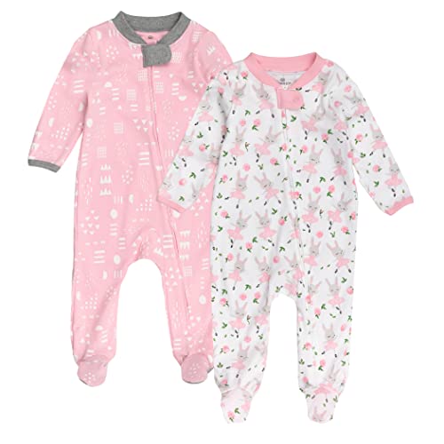 Image of HonestBaby Baby Girls' 2-Pack Sleep and Play Footed Pajamas One-Piece Sleeper Jumpsuit Zip-front Pjs Organic Cotton