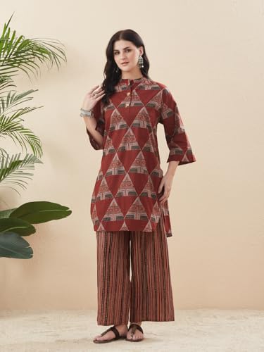 Image of MOKOSH Women's Cotton Print Kurta with Palazzo | Kurta Set | 2 Piece Outfit |Indian Kurta Outfit With Palazzo Pants | Round Neck 3 /4 Sleeve