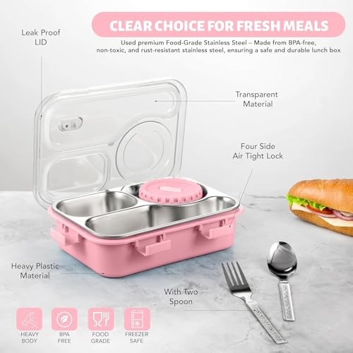 Image of Sanghariyat Lunch Box 3 Compartment Out Side-Leak-Proof BPA Free Stainless Steel, Lunch Box for Girls, Lunch Box for School with a Fork, a Spoon and a Pair of Chopsticks 750 ml (Pink)