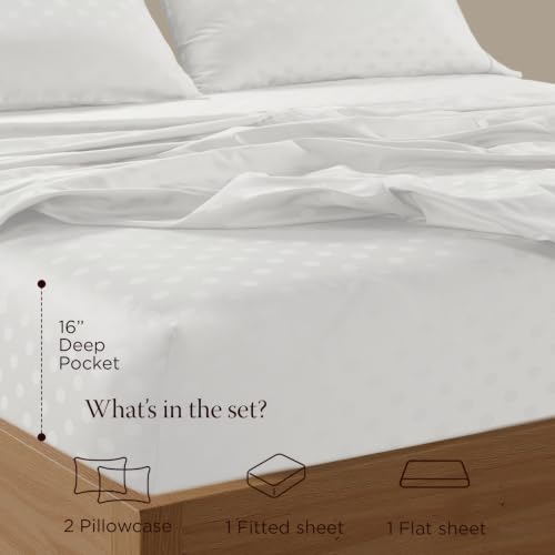 Image of Threadmill 300 Thread Count Cotton Queen Sheet Set, Sateen, Jacquard, White