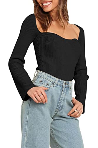 LILLUSORY Women's Sweetheart Neckline Sweater 2024 Spring Ribbed Knit Slim Fit Pullover Tops3