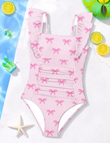 Image of NECIOUS Girls Swimsuit Ruffle Adjustable Straps One Piece Bathing Suit Solid Color Ruched Girls' Swimwear 9-16Y