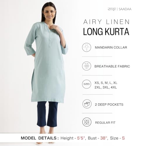 Image of SAADAA Women Airy Linen Long Kurta | Mandarin Collar 3 /4th Sleeve Kurta | Regular Fit Ethnic Wear for Women | Casual, Festive & Office Wear