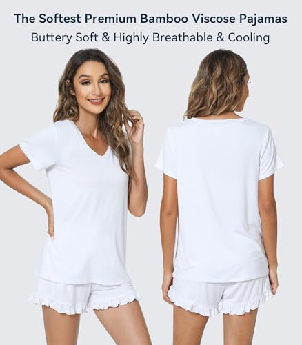 Image of WiWi Womens Pajamas Set Bamboo Viscose Super Soft Short Sleeve Top Ruffle Shorts Sleepwear Cooling Pj Sets S-XXL