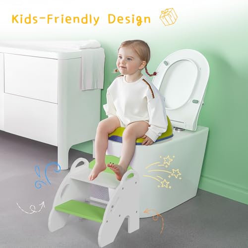 Frog-Themed Toddler Step Stool, 2-Step Stool for Bathroom Sink & Potty Training, Kids Kitchen Helper Stool with Safety Handles (Natural Wood, 120lbs Capacity)(Green) - Image 4