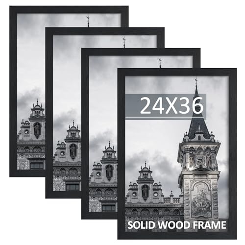 Image of 24x36 Poster Frame Set of 4, Solid Wood Picture Frames, Display 24x36 Photos without Mat, Horizontal or Vertical Wall Mounting Poster Frame, Black Woodgrain