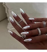 White Chrome Press on Nails Long Almond Fake Nails White False Nails Press ons with Designs Acryl...
