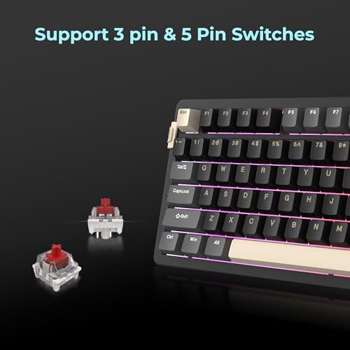 Image of Rosewill Neon S75 Wireless Mechanical Gaming Keyboard, 80-Key Layout w /Volume Knob, Bluetooth / 2.4GHz / USB-C, Hot-Swappable Red Switches, RGB Backlit, 6000mAh Battery, Windows & macOS, Black
