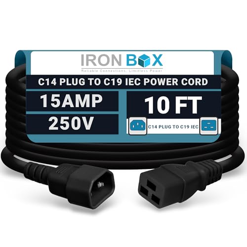IronBox Electric - Heavy-Duty C14 to C19 Power Cord, 15A, 250V, 14/3 SJT - IEC60320 PC Cable for Computer Extensions, Monitor, PSU - C14 Male to C19 Female Connector Power Cable - (Black 10 Foot)