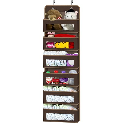 Image of Simple Houseware 6 Clear Window Pocket Over Closet Door Storage Hanging Organizer for Bedroom, Bathroom, Pantry, Brown
