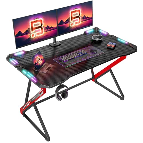 Gaming Desk with LED Lights, 40 Inch Computer Desk Z Shaped Gamer Workstation, Gaming Table with Carbon Fiber Surface, PC Gamer Desk, Black