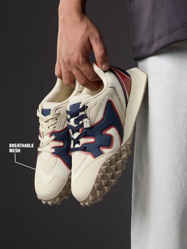 Image of The Souled Store Velocity 2.0: Orbit Men and Boys Low Top Sneakers Off White and Dark Grey Streetwear Fashion Breathable Mesh Upper Thick Midsole Textured Rubber Outsole Lace Up Closure Lightweight