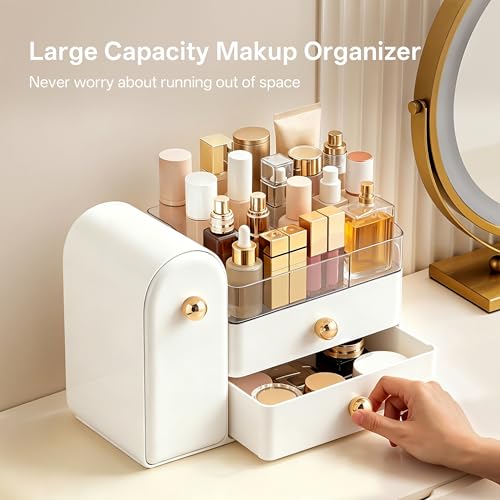 Image of HBlife Makeup Organizer Countertop with Drawers, Vanity Organizers with Brush Holder, Bathroom Counter Organizer for Perfume, Nail Polishes, Lipsticks, Skincare and Eyeshadow Palettes, White and Gold