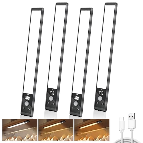 Mpotmiy 4 Pack 10' Under Cabinet Lights with Digital Display,52 LED Rechargeable Motion Sensor Light...