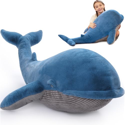 Image of Tezituor 43.3 inch Giant Whale Stuffed Animal, Large Realistic Blue Stuffed Whale Plush Ocean Toys Gift for Christmas Birthday, Hugging 4ft Soft Whale Plush Body Pillow for Girls Boys