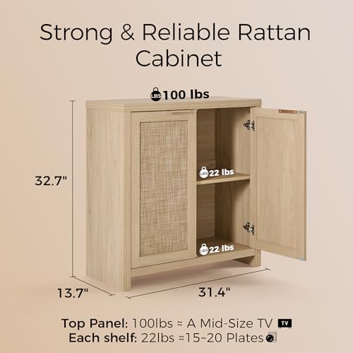 Image of OAKHAM HOME Rattan Sideboard Buffet Cabinet with Storage, Boho Farmhouse Credenza with Adjustable Shelves, Decorative Coffee Bar Cabinet for Living Room & Entryway Organization, Light Oak, 2 PCS | Buffet Cabinet with 2 Soft-Close Doors, Adjustable Shelves and 110 lbs Top, For Living Room, Kitchen, Entryway