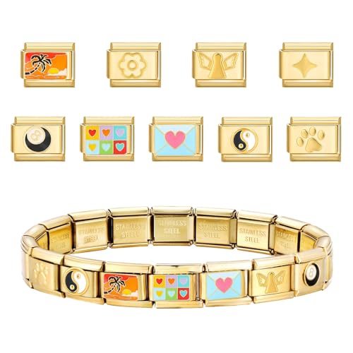 Italian Charm Bracelet Gold Silver Set with Starter Brascelet, Assorted Charms and Opening Tools, 9mm Modular Italian Charm Bracelet Links Handmade DIY Jewelry Gifts4