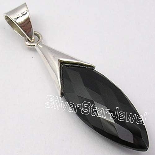 Sterling Silver Marquise Faceted Black Onyx Pendant 1.8" Jewelery Gift