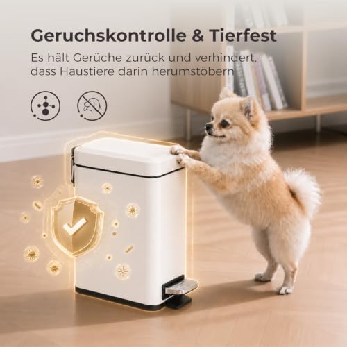 Image of Sineng Bathroom Trash Can with Lid Soft Close, 1.6 Gallon Stainless Steel Small Pedal Garbage Can with Removable Inner Bucket, Waste Bin for Kitchen Bedroom, Compact Toilet Trash Bin, White