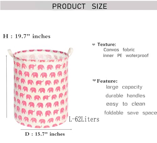 Image of Kids Laundry Hamper Clothes Gift Basket Storage Laundry Baskets Organizer Bin with Handles for Nursery Room (Pink Elephant)