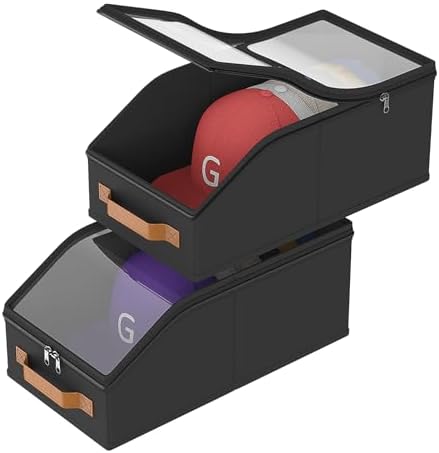 Hat Organizer for Baseball Caps (Set of 2 Can Hold 16-24 Hats), Hat Storage Box for Closet & Cabinet, Large Capacity Hats Case for Indoor & Travel (Dark Black,2 Pack)